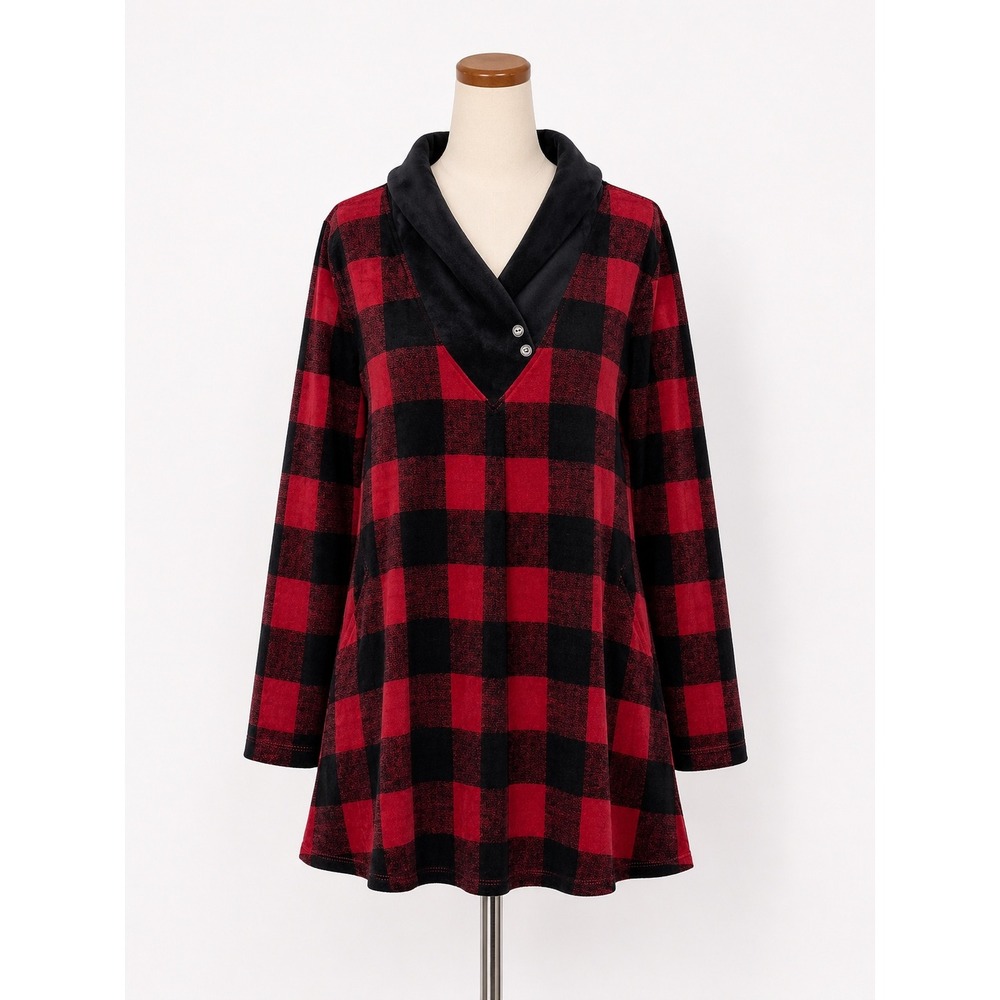 Ali Miles Womens XL Red Black Buffalo Plaid Shawl Collar Tunic Top Pockets